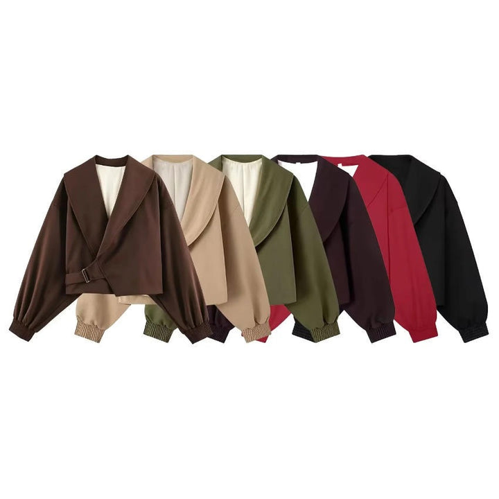 Ladies short-cut wrap blazer with balloon sleeves and waist belt Mune Fashion