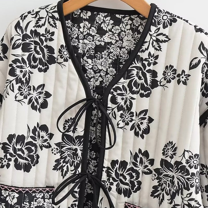 Women's Quilted Short Jacket with Floral Allover Print and Tie Ribbons Mune Fashion