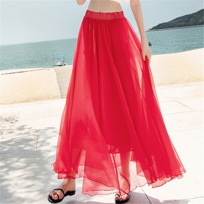 Women's flowing maxi skirt made of chiffon with elastic waistband and layered ruffle Mune Fashion