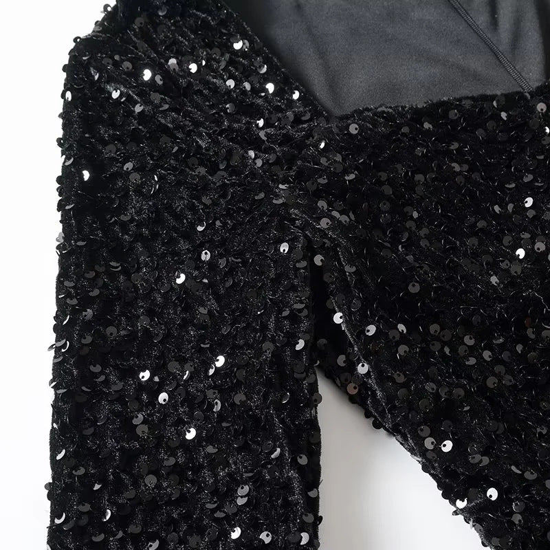 Women's satin sequin peplum shirt with wide flared hem and long sleeves Mune Fashion