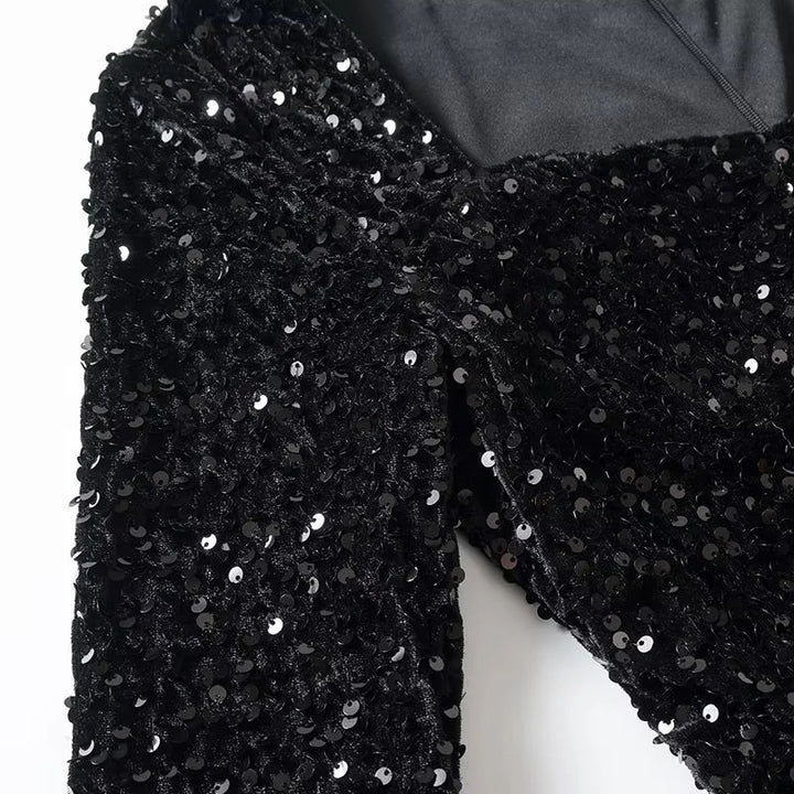 Women's satin sequin peplum shirt with wide flared hem and long sleeves Mune Fashion