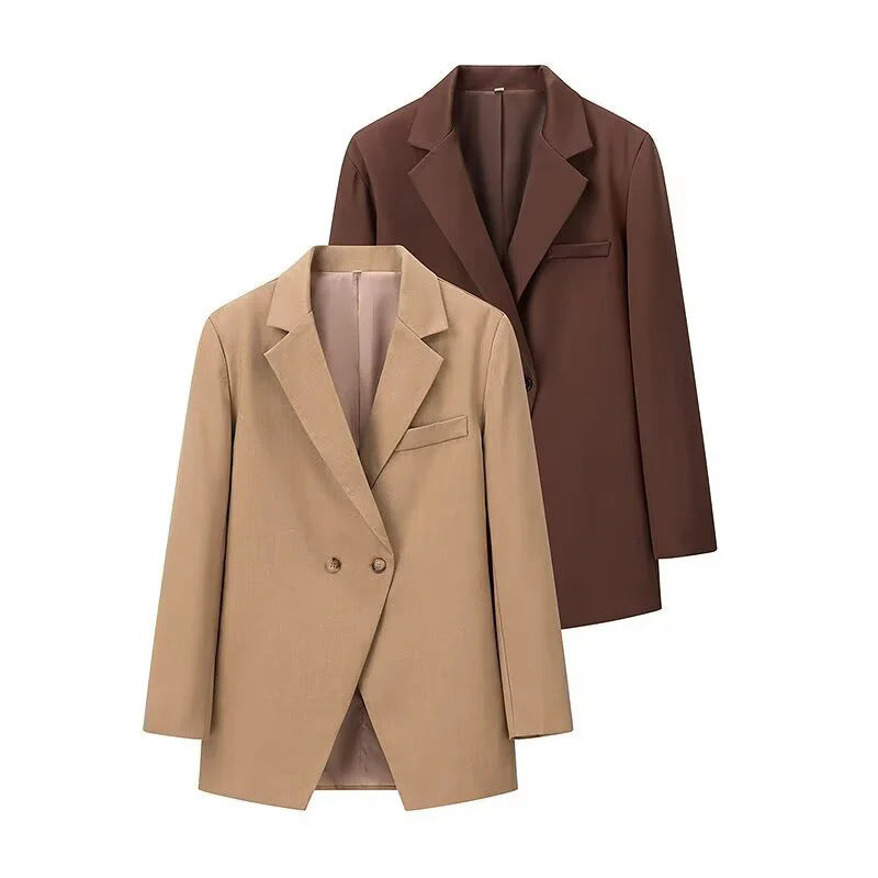 Women's longer double-breasted blazer with lapel collar, breast welt pocket and slightly tailored silhouette Mune Fashion