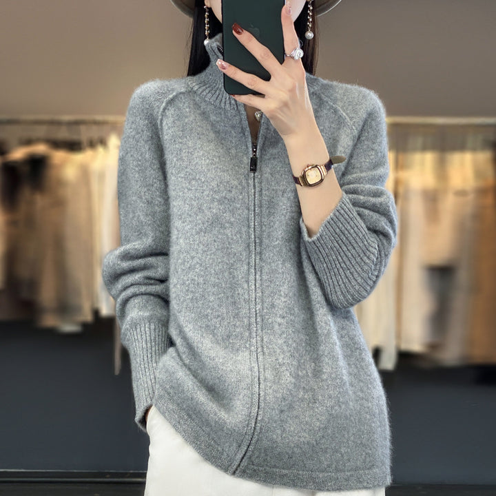 Women’s zip cardigan in cashmere look with stand-up collar and ribbed cuffs Mune Fashion