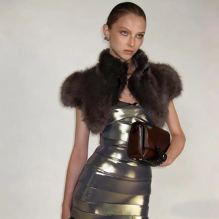 Women's Cropped Faux Fur Bolero with Voluminous Shawl Collar and Puff Sleeves Mune Fashion