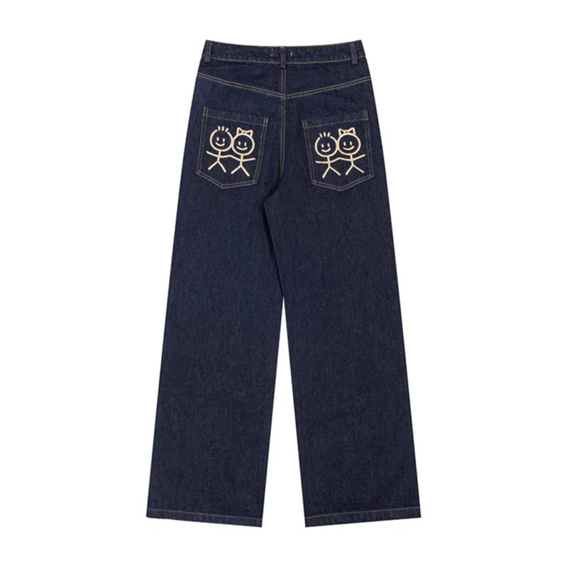 Women's wide high-waist jeans with straight, wide legs and embroidery on back pockets Mune Fashion