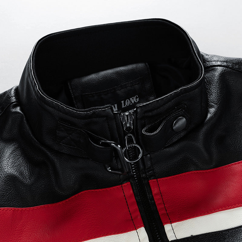 Men's motorcycle leather jacket in retro racing look with contrast stripes and stand-up collar Mune Fashion