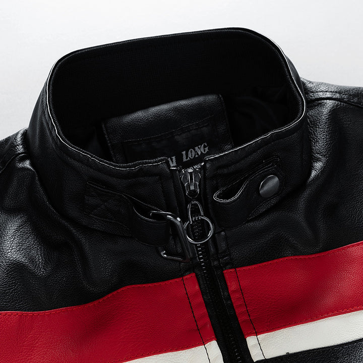 Men's motorcycle leather jacket in retro racing look with contrast stripes and stand-up collar Mune Fashion