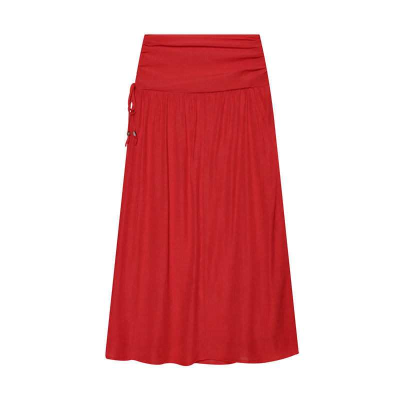 Women Maxi Skirt with High Waist, Side Decorative Cord and Wide Pleated Fall Mune Fashion