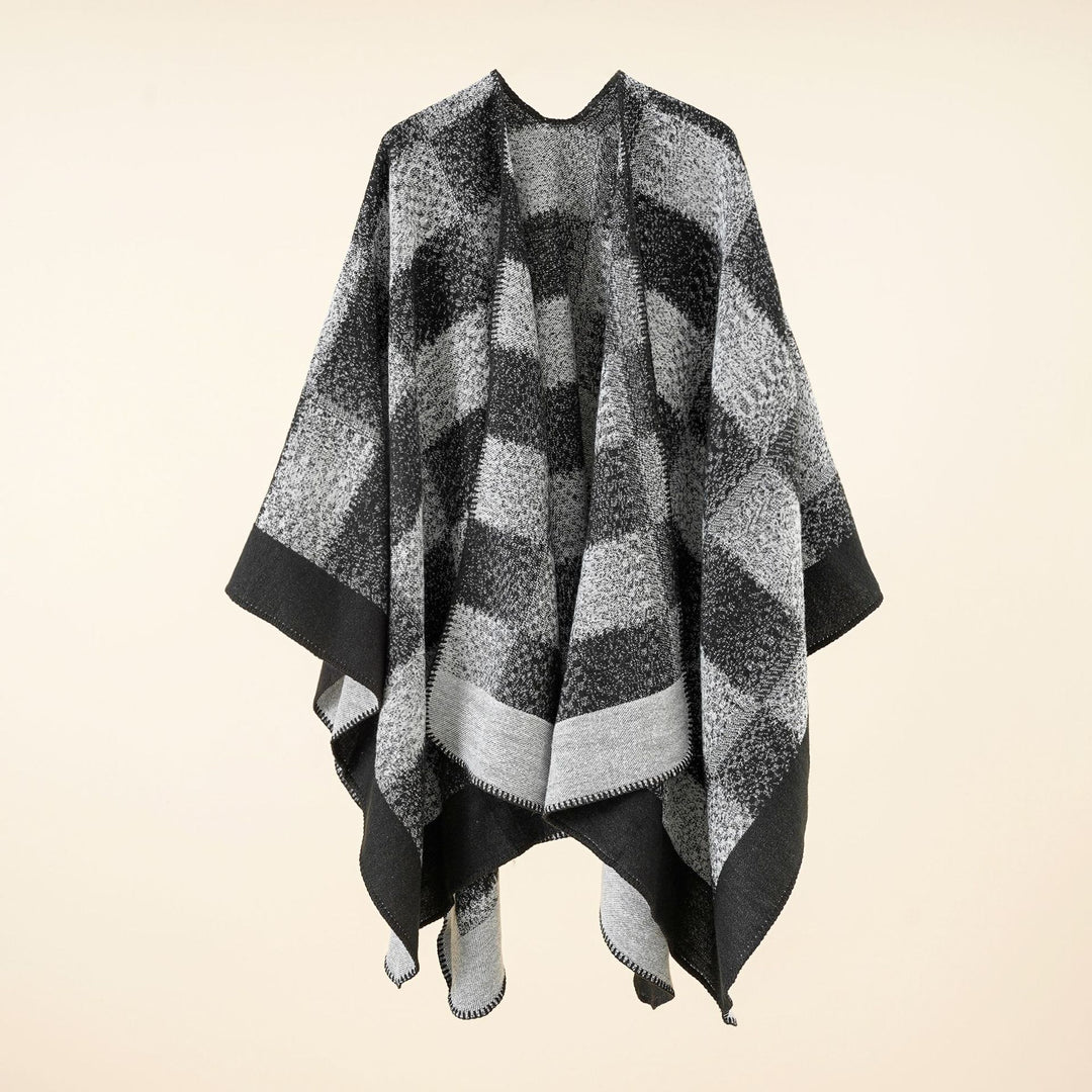 Women Versatile Wool Blend Wrap in Boxy Kimono Cut with Large Plaid Jacquard Detail