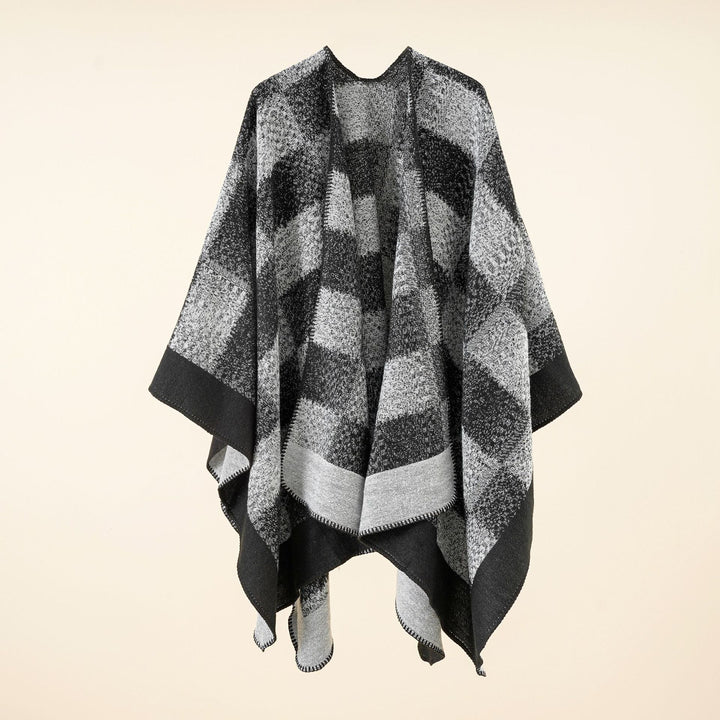 Women Versatile Wool Blend Wrap in Boxy Kimono Cut with Large Plaid Jacquard Detail