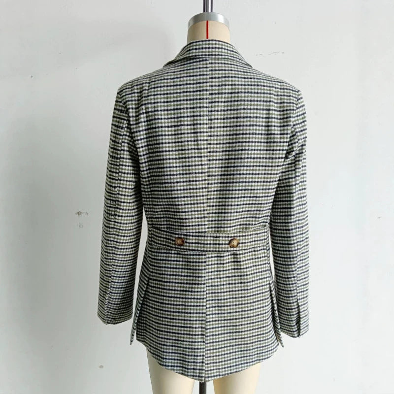 Women Double-breasted Glencheck Blazer with tailored silhouette and contrasting lining Mune Fashion