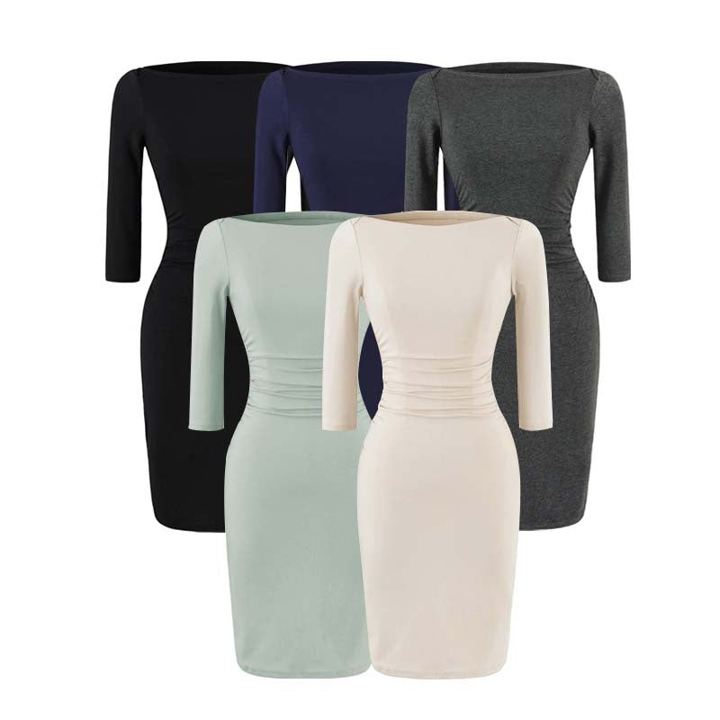 Women’s Fitted Midi Dress with Boat Neck, Three-Quarter Sleeves and Gathered Waist