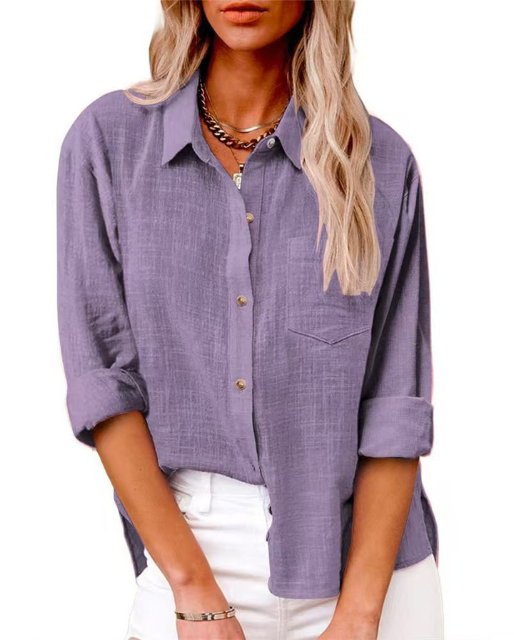 Women's oversized linen-cotton blend shirt blouse with breast pocket and roll-up sleeves Mune Fashion
