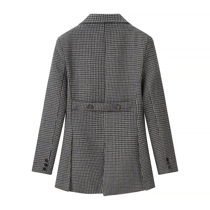 Women's Double-Breasted Houndstooth Blazer with Asymmetrical Tail Hem Mune Fashion
