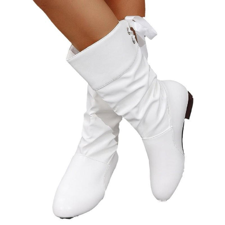 Women's knee-high boots with gathered shaft, soft synthetic leather, and low block heel Mune Fashion