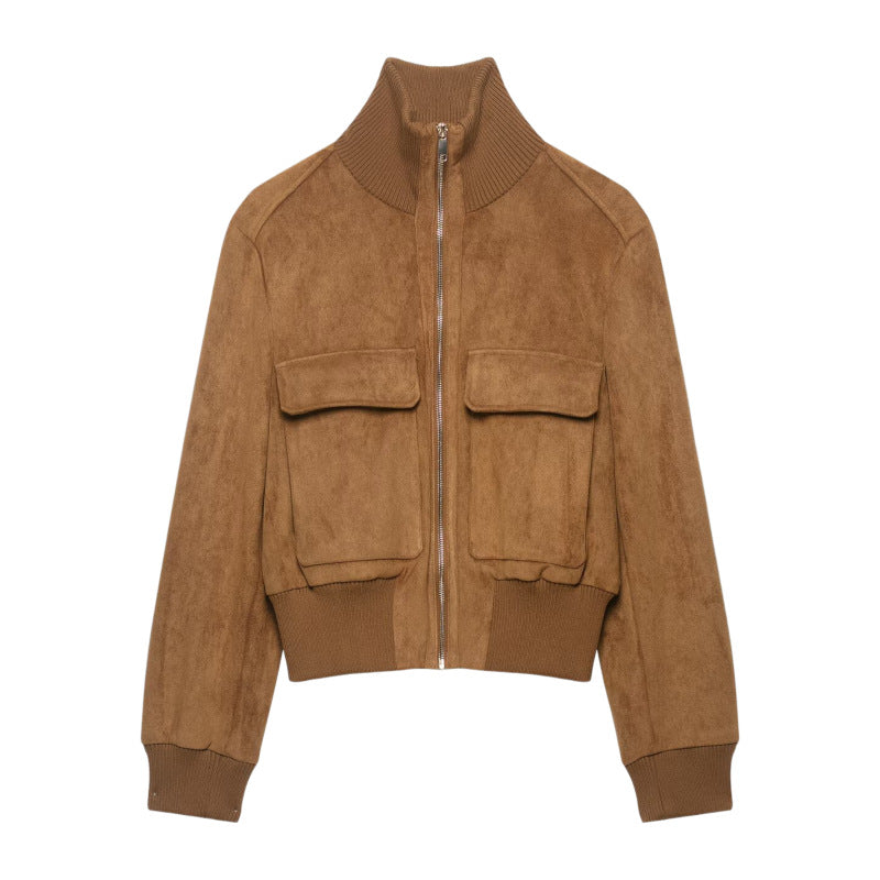 Women's Short Suede Look Bomber Jacket with Stand Collar, Flap Pockets and Ribbed Cuffs Mune Fashion