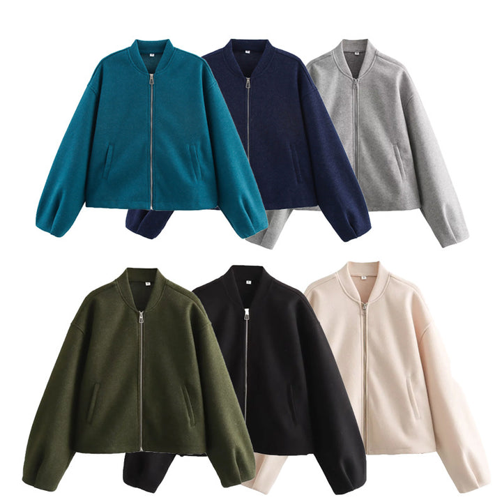 Women's cropped minimalist bomber jacket with concealed zipper and patch hand pockets Mune Fashion