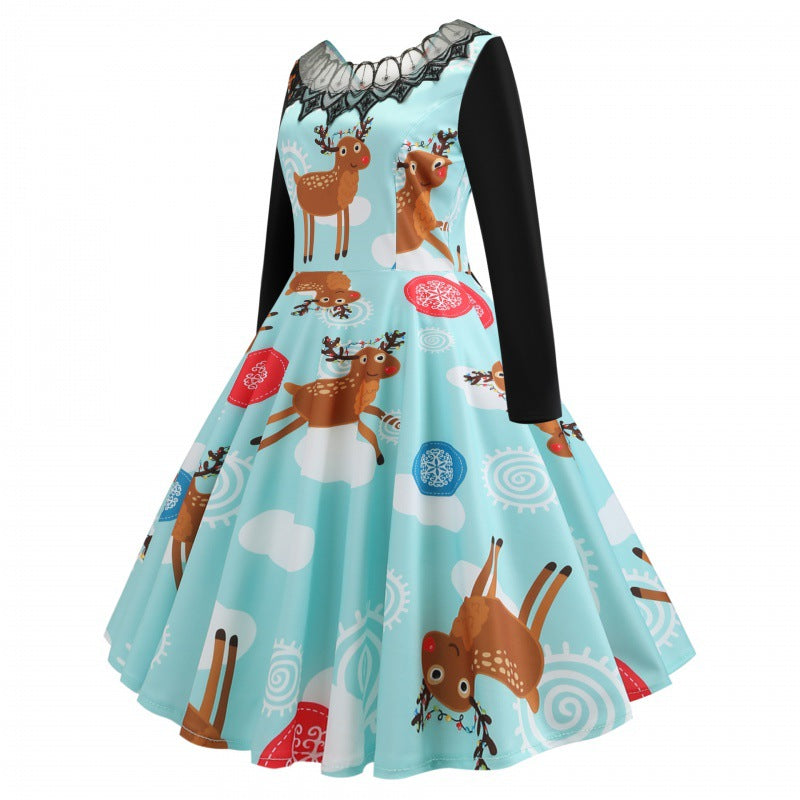 Women Festive Retro Swing Dress with Long Sleeve A-Line Cut and Reindeer Print Mune Fashion
