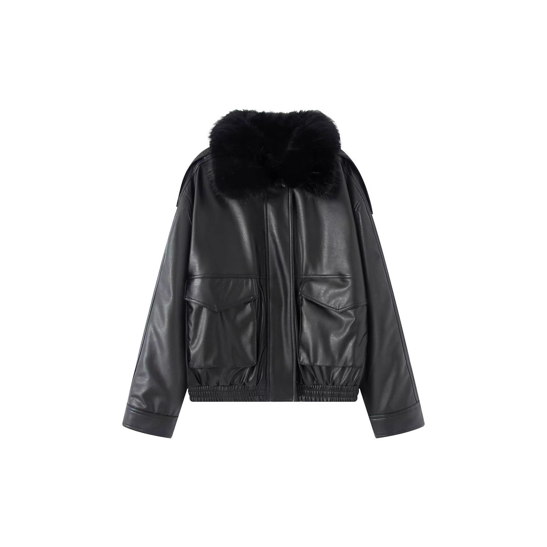 Ladies Oversized Faux Leather Bomber Jacket with Cozy Faux Fur Collar and Applied Flap Pockets Mune Fashion