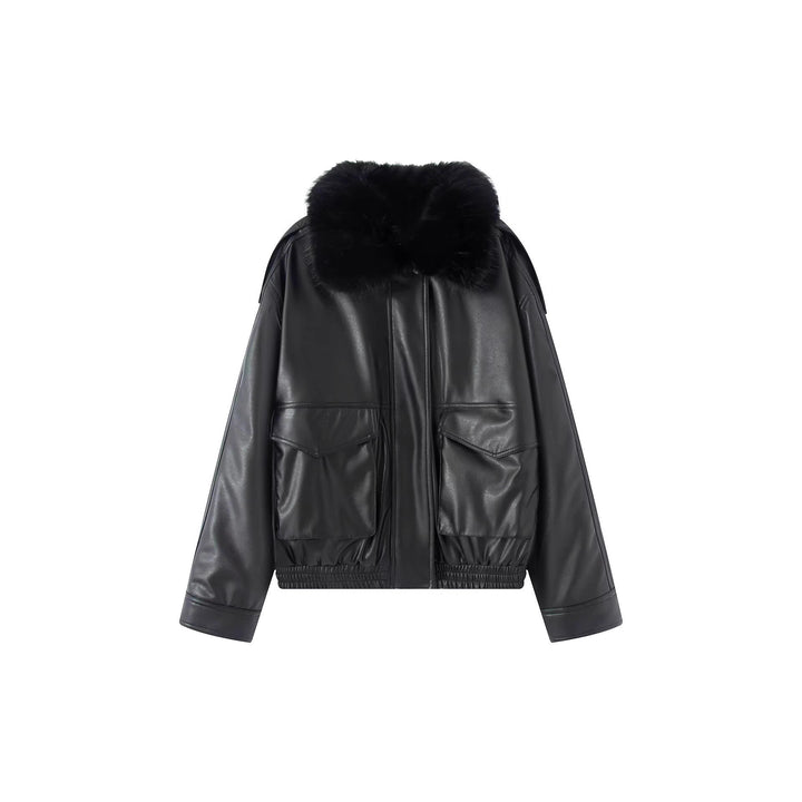 Ladies Oversized Faux Leather Bomber Jacket with Cozy Faux Fur Collar and Applied Flap Pockets Mune Fashion