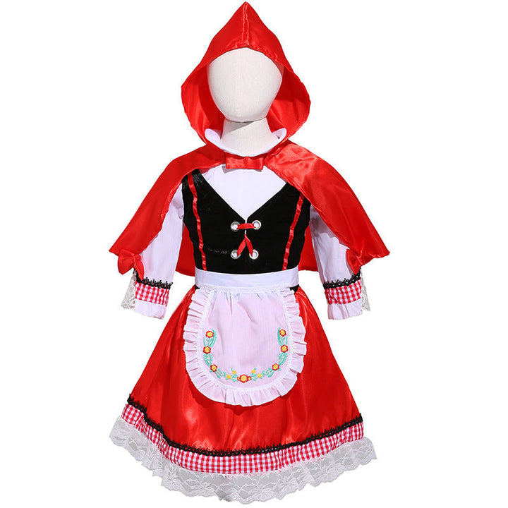 Girls Fairytale Little Red Riding Hood Costume with Cape and Embroidered Apron Mune Fashion