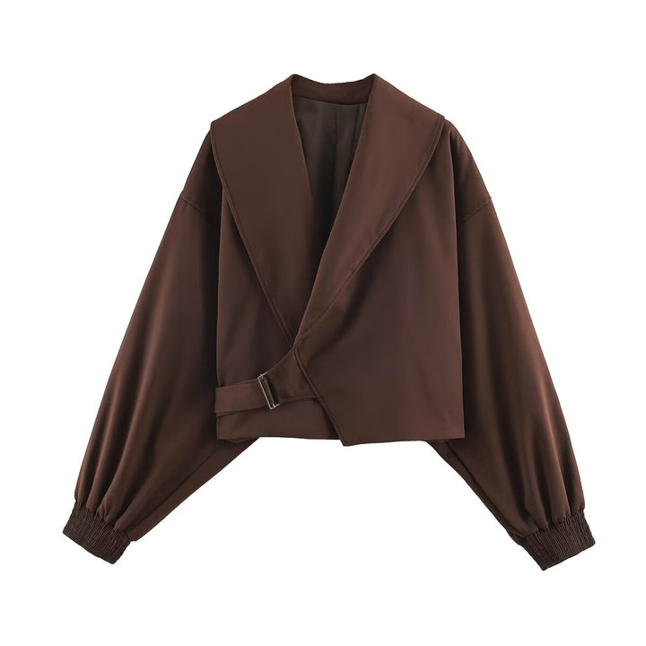 Women Short Cut Wrap Jacket with Large Shawl Collar, Waist Tie and Balloon Sleeves Mune Fashion