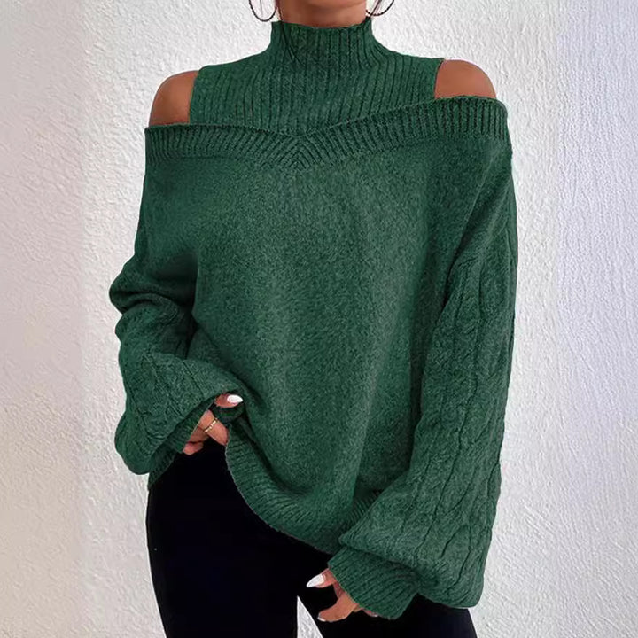 Women's off-the-shoulder knitted pullover with stand-up collar and cable-knit sleeves Mune Fashion