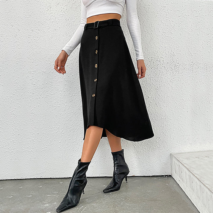 Women's midi skirt with continuous decorative button placket, belt waistband, and slightly flared A-line silhouette Mune Fashion
