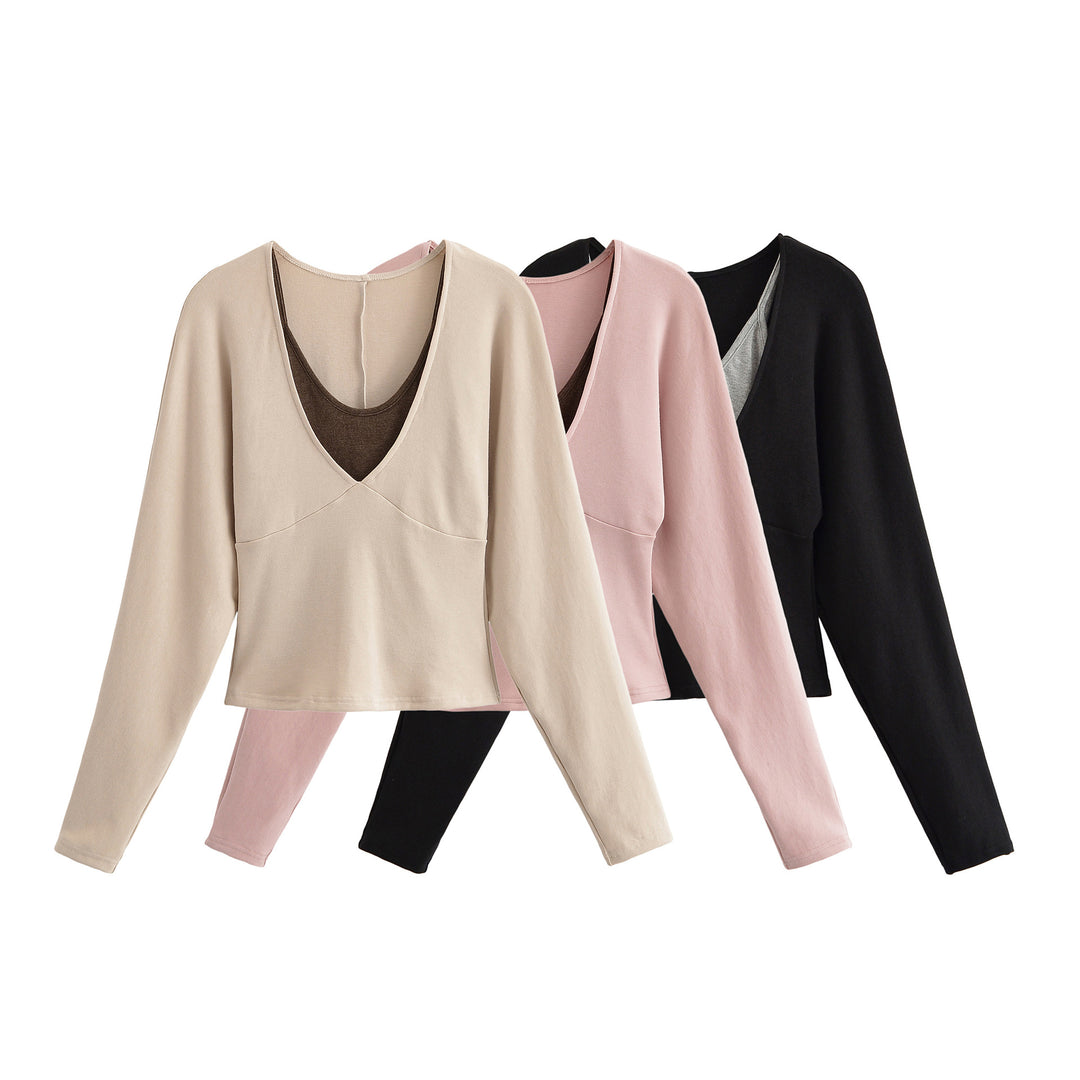 Women's Layered Look Long Sleeve Shirt with Deep V-Neck and Integrated Camisole Mune Fashion