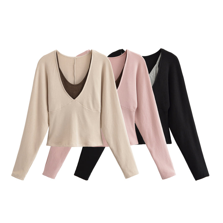 Women's Layered Look Long Sleeve Shirt with Deep V-Neck and Integrated Camisole Mune Fashion