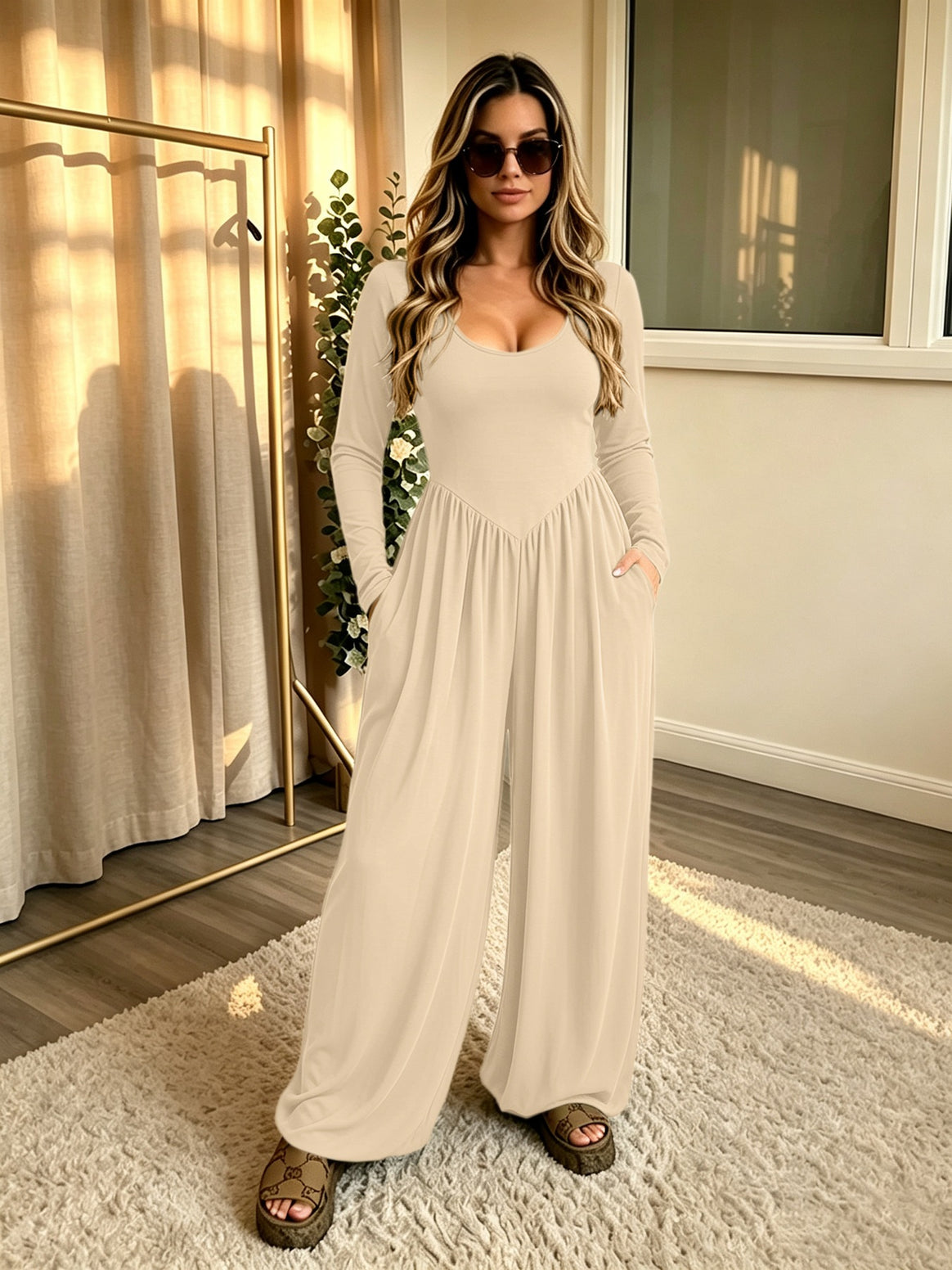 Ladies Long Jumpsuit with Wide Leg, Deep Round Neck and Side Pockets Mune Fashion