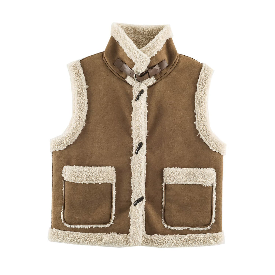 Women's Sleeveless Lambskin-Look Vest with Stand-Up Collar and Toggle Closures Mune Fashion