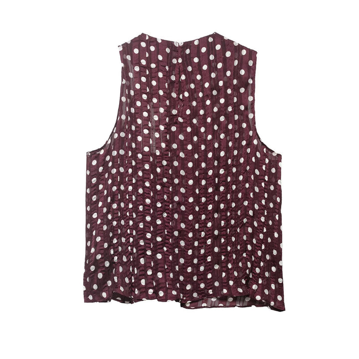 Women's Sleeveless Pleated Chiffon Blouse with Polka Dot Pattern and Waterfall Collar Mune Fashion