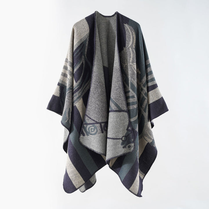Women's Ruana wrap in coarse wool blend with graphic block design and overlock hem Mune Fashion