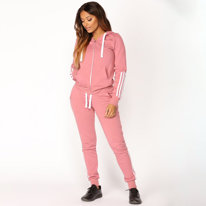 Women's Figure-Hugging Loungewear Set with Hoodie, Striped Accents and Tailored Jogging Pants Mune Fashion