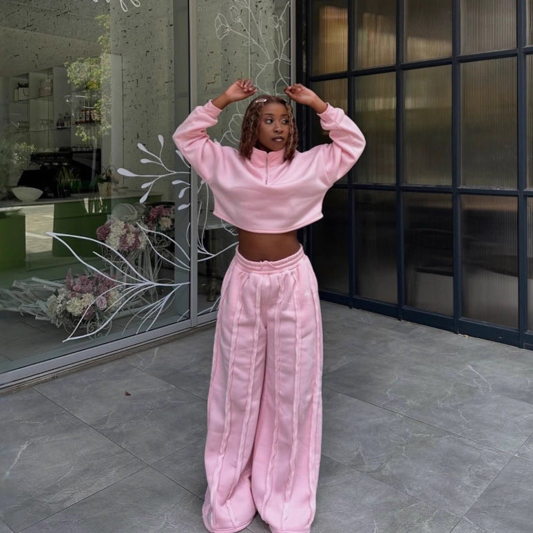 Women Crop-Half-Zip Sweatshirt and High-Waist Wide-Leg Lounge Pants Set with Visible Stitching Details Mune Fashion