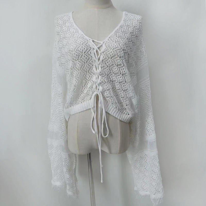 Women's Crochet Beach Top with Fringes and Deep V-Neck Mune Fashion