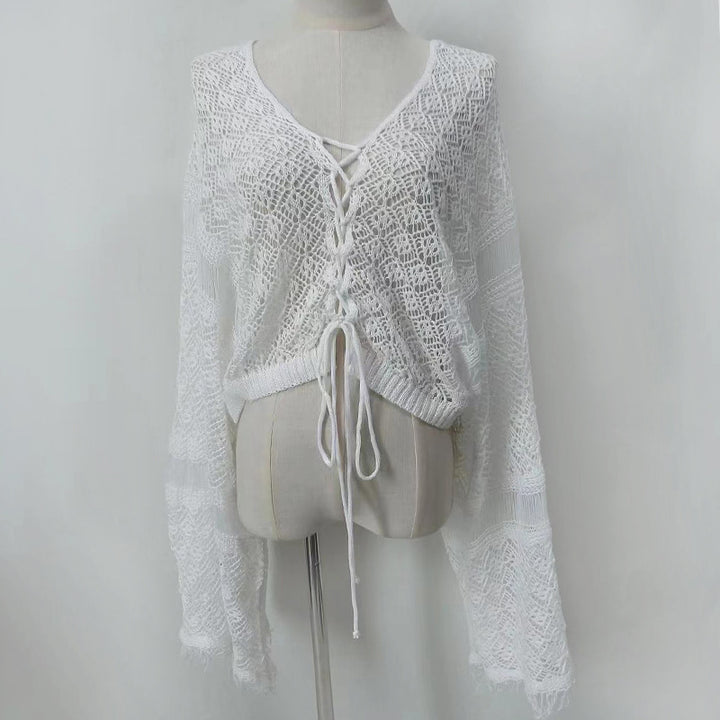Women's Crochet Beach Top with Fringes and Deep V-Neck Mune Fashion