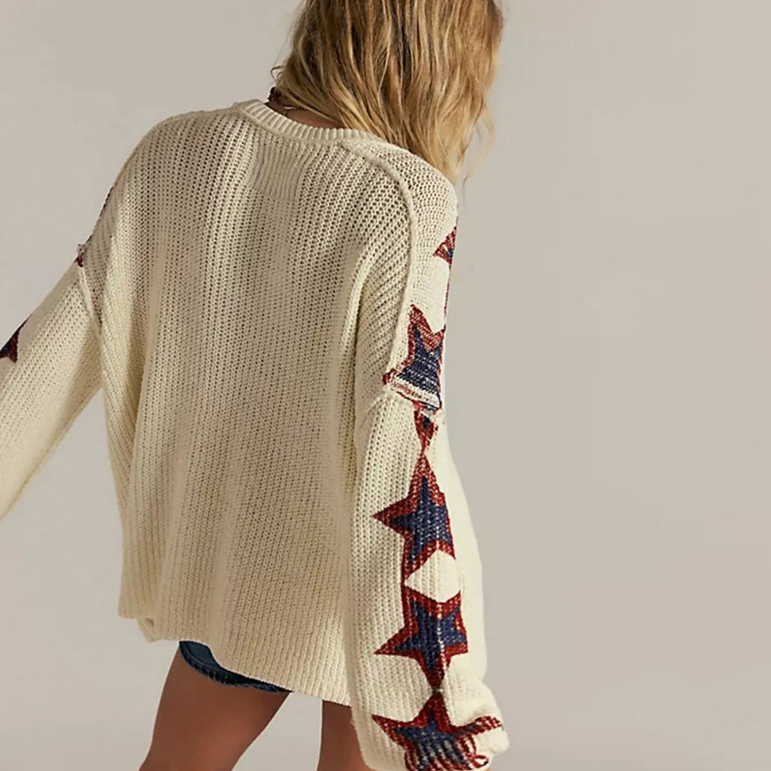 Women's Oversized Knit Sweater with V-Neck and Star Patterns Mune Fashion