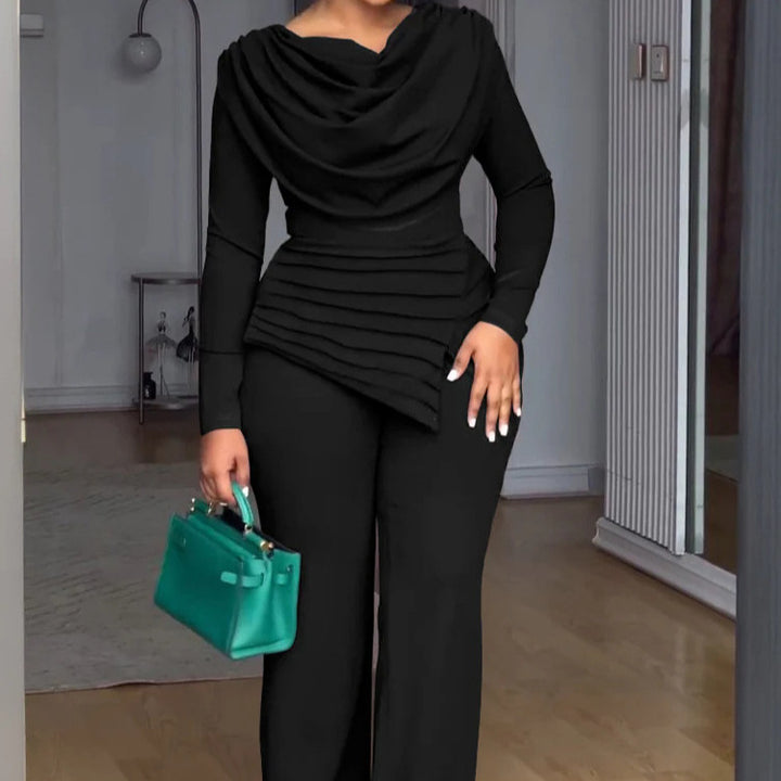 Women's Two-Piece Set with Waterfall Draped Top, Tiered Peplum and Straight Pleated Trousers Drune