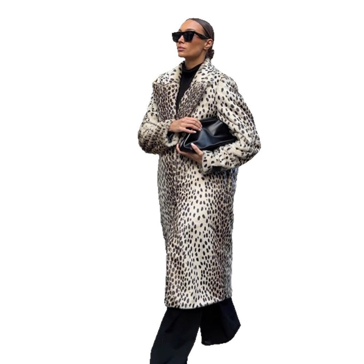 Women Mid-length Faux Fur Coat with Distinctive Spot Pattern and Lapel Collar Mune Fashion