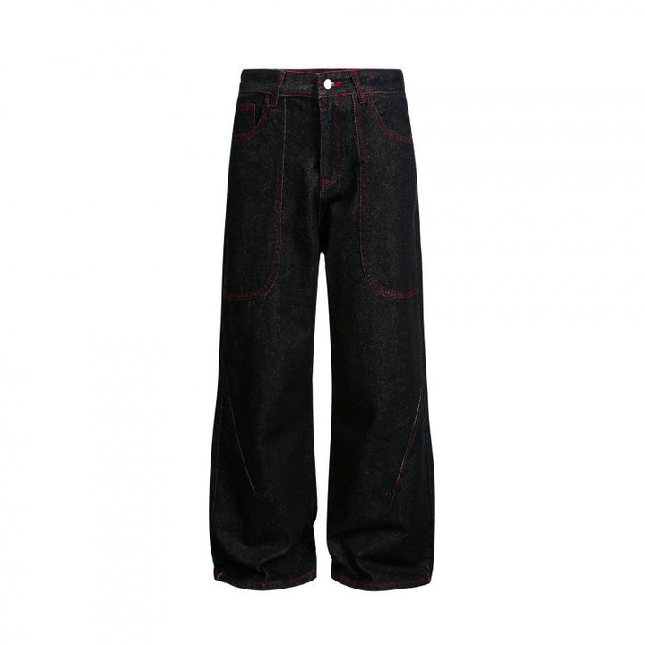 Women Wide High-Waist Denim Pants in Utility Look with Contrast Stitching Mune Fashion