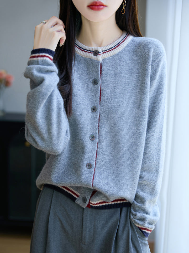 Women's Loose Fine Knit Cardigan with Contrast Stripes on Collar and Cuffs Mune Fashion
