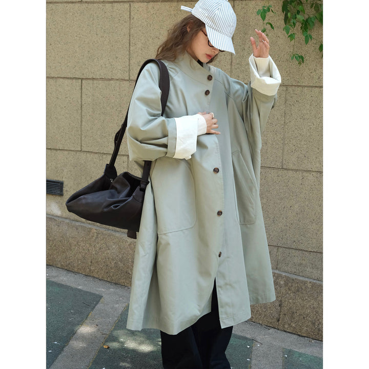 Women Oversized Trench Coat with Stand Collar and Extended Cut Mune Fashion