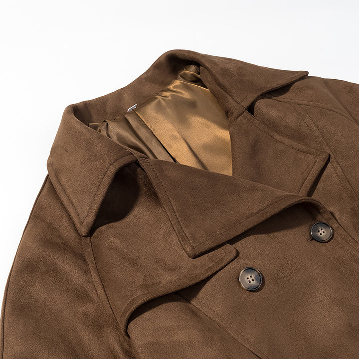 Women Short Suede Trench Coat with Double-Breasted and Waist Belt Mune Fashion
