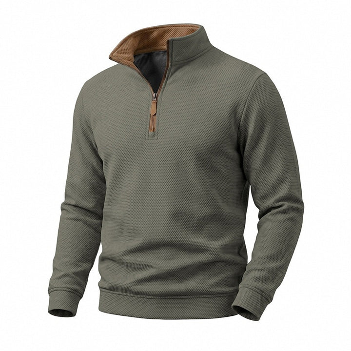 Men's Texture Half-Zip Pullover with Stand Collar and Contrast Inner Collar Mune Fashion