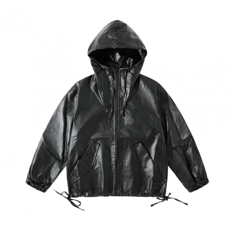 [Unisex Hooded Boxy Jacket in Leather Look with Drawstring and Flap Pockets Mune Fashion]
