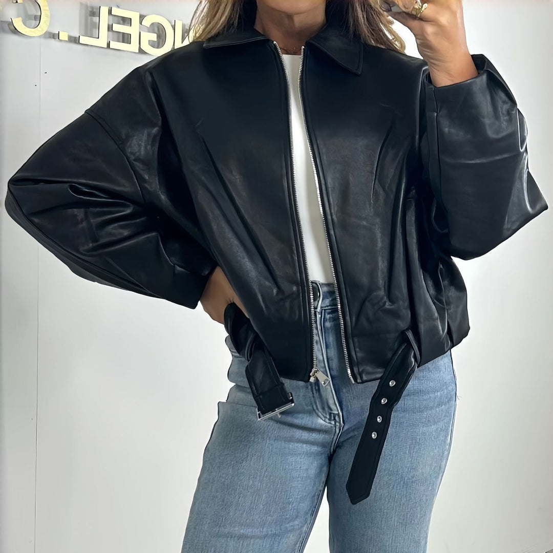 Women's Fashion Faux Leather Jacket with Waistbelt