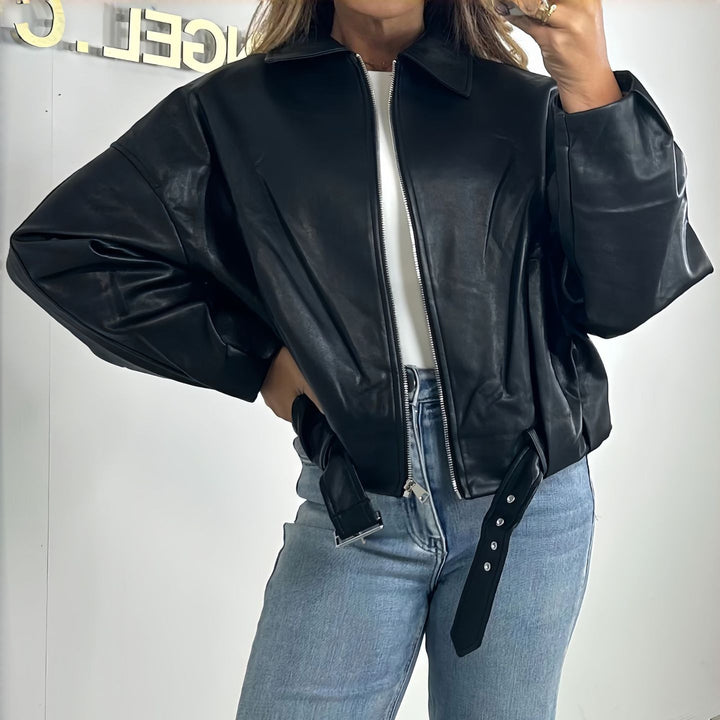 Women's Fashion Faux Leather Jacket with Waistbelt