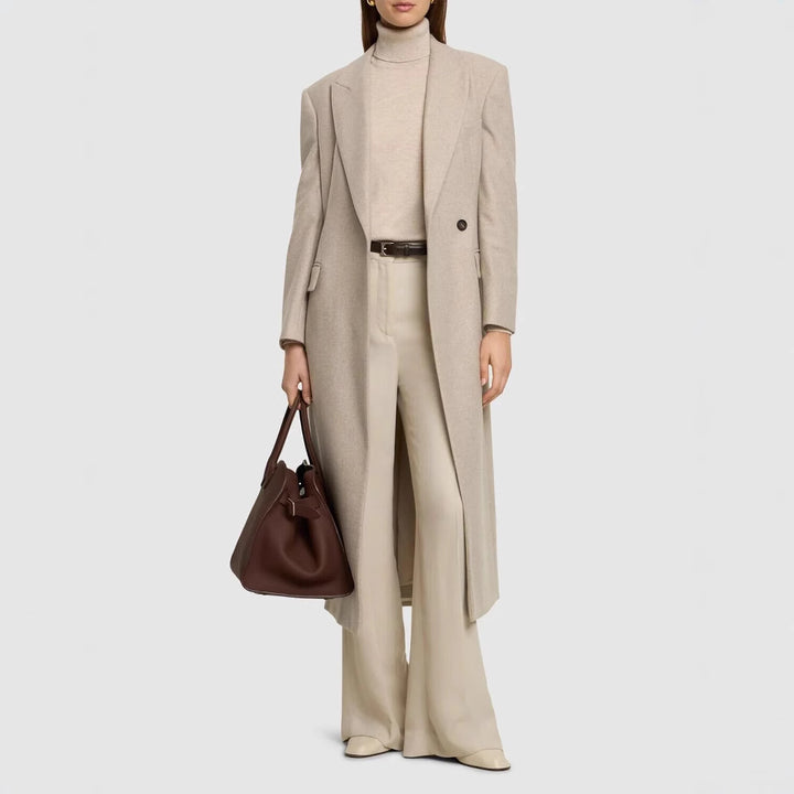 Women Tailored Longline Wool Blend Coat with Slim Silhouette and Single-Breasted Button Placket Mune Fashion